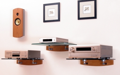 Wall supports in natural cherry with AV One speaker - all cables hidden in walls